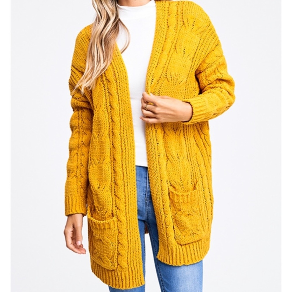 Mustard yellow CHENILLE CABLE KNIT BOHO CARDIGAN